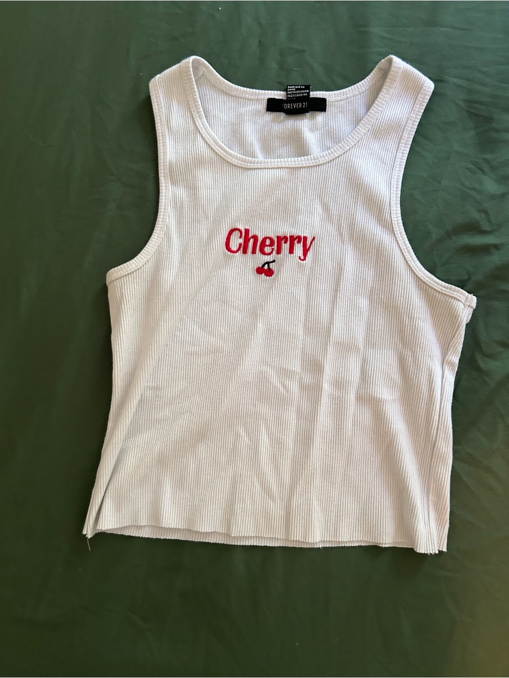 Forever 21 White Ribbed Tank with Red Cherry Embroidery